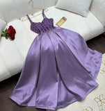 Niulatu A Line Spaghetti Straps Light Grape Long Satin Prom Dresses Evening Dress HZ1110