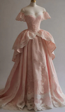 Niulatu Ball Gown Off The Shoulder Pink Satin Lace Long Prom Dresses Evening Dress HZ1110