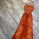 Niulatu Mermaid Halter Orange Long Tulle Prom Dresses Beads Evening Dress HZ1110