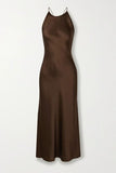Niulatu A Line Spaghetti Straps Long Silk Satin Brown Prom Dresses Evening Dress HZ1110