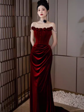 Niulatu Mermaid Burgundy Velvet Long Prom Dresses HZ1110