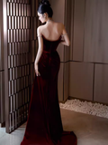 Niulatu Mermaid Burgundy Velvet Long Prom Dresses HZ1110