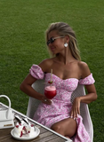 Niulatu A Line Off the Shoulder Pink Print Floral Satin Vacation Dress Outfits with Slit HZ0113