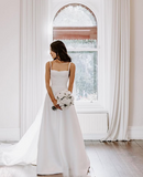 Niulatu A Line Spaghetti Straps Long Satin White Prom Dresses Evening Dress HZ1110