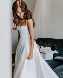 Niulatu A Line Spaghetti Straps Long Satin White Prom Dresses Evening Dress HZ1110