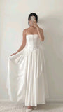 Niulatu A Line Spaghetti Straps Long White Chiffon Prom Dresses Evening Dress HZ1110