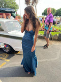 Niulatu Mermaid Halter Long Blue Satin Prom Dresses Evening Dress HZ1110