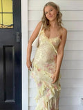 Niulatu Mermaid Spaghetti Straps Yellow Chiffon Long Lace Prom Dresses Evening Dress HZ1110