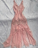 Niulatu A Line V Neckline Pink Chiffon Long Prom Dress With Silver Beads HZ1110