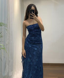 Niulatu Sheath Strapless Navy Blue Long Prom Dresses Evening Gowns HZ1110