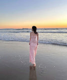 Niulatu Sheath Spaghetti Straps Pink Lace Long Prom Dresses Evening Gowns HZ1110