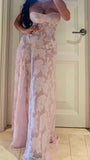 Niulatu Sheath Spaghetti Straps Pink Lace Long Prom Dresses Evening Gowns HZ1110