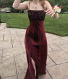 Niulatu A line Spaghetti Straps Burgundy Long Slit Prom Dresses Evening Gowns HZ1110