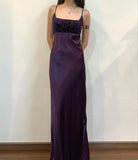Niulatu A line Spaghetti Straps Grape Long Satin Prom Dresses Evening Gowns HZ1110