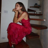 Niulatu Sheath V Neckline Hot Pink Floral Lace Long Prom Dresses Evening Gowns HZ1110