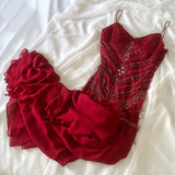 Niulatu Sheath Spaghetti Straps Red Chiffon Long Prom Dresses Evening Gowns With Beads HZ1110