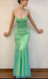 Niulatu Mermaid Spaghetti Straps 90s Green Prom Dresses Evening Gowns With Beads HZ1110