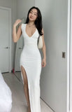 Niulatu Sheath V Neckline White Long Prom Dresses Evening Dress HZ1110