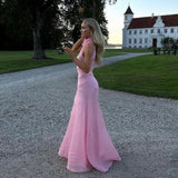 Niulatu Mermaid High Neckline Pink Slit Tulle Long Prom Dresses Evening Dress HZ1110
