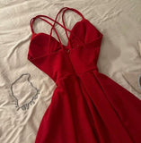 Niulatu A Line Spaghetti Straps Red Knee Length Prom Dresses Evening Dress Wedding Guest Dress HZ1110