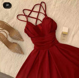Niulatu A Line Spaghetti Straps Red Knee Length Prom Dresses Wedding Guest Dress HZ1110