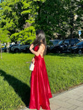 Niulatu A Line Spaghetti Straps Red Backless Long Prom Dresses Wedding Guest Dress HZ1110