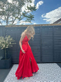 Niulatu A Line Straps Red Satin Slit Long Prom Dresses Evening Dress HZ1110