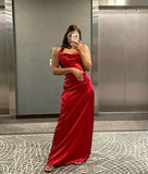 Niulatu A Line Halter Red Satin Long Prom Dresses Evening Dress HZ1110