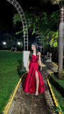 Niulatu A Line Sweetheart Red Satin Long Slit Prom Dresses Evening Dress HZ1110