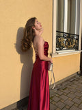 Niulatu A Line Spaghetti Straps Backless Burgundy Satin Long Prom Dresses Evening Dress HZ1110