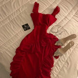 Niulatu A Line Straps Sleeveless Red Chiffon Ruffles Long Prom Dresses Evening Dress HZ1110