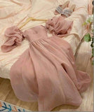 Niulatu A Line Off The Shoulder Pink Organza Long Prom Dresses Evening Dress HZ1110