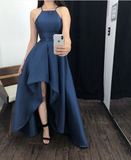 Niulatu High Low Halter Navy Blue Satin Prom Dresses Evening Gowns HZ1110