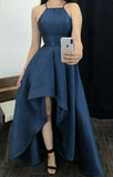 Niulatu High Low Halter Navy Blue Satin Prom Dresses Evening Gowns HZ1110