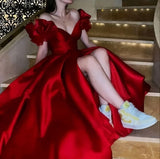 Niulatu Ball Gown V Neckline Satin Slit Prom Dresses Evening Gowns With Fold HZ1110