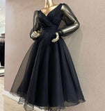 Niulatu A Line V Neckline Long Sleeves Black Tulle Prom Dresses Evening Dress HZ1110