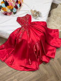 Niulatu A Line Strapless Sleeveless Red Satin Ruffles Beads Long Prom Dresses Evening Dress HZ1110