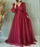 Niulatu A Line V Neckline Long Sleeves Hot Pink Tulle Long Prom Dresses Evening Dress HZ1110