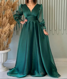 Niulatu A Line V Neckline Long Sleeves Hot Pink Tulle Long Prom Dresses Evening Dress HZ1110