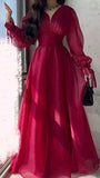 Niulatu A Line V Neckline Long Sleeves Hot Pink Tulle Long Prom Dresses Evening Dress HZ1110
