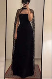 Niulatu A Line Strapless Black Tulle Long Prom Dresses With Cape Evening Dress HZ1110