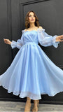 Niulatu A Line Strapless Light Sky Blue Organza Prom Dresses Evening Dress HZ1110