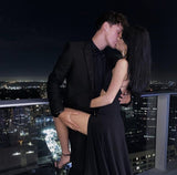 Niulatu A Line Straps Black Long Backless Prom Dresses Evening Dress HZ1110