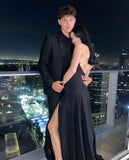 Niulatu A Line Straps Black Long Backless Prom Dresses Evening Dress HZ1110