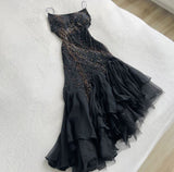 Niulatu Mermaid Spaghetti Straps Black Tulle Long Prom Dresses Evening Dress HZ1110