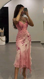 Niulatu Sheath Spaghetti Straps Pink Chiffon Knee Length Prom Dresses Evening Dress HZ1110