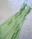 Niulatu Sheath Spaghetti Straps Mint Green Lace Floor Length Prom Dresses Backless Evening Dress HZ1110