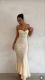 Niulatu Mermaid Spaghetti Straps Ivory Lace Floor Length Prom Dresses Chiffon Evening Dress HZ1110