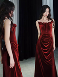Niulatu Mermaid Burgundy Velvet Long Prom Dresses HZ1110