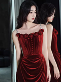 Niulatu Mermaid Burgundy Velvet Long Prom Dresses HZ1110